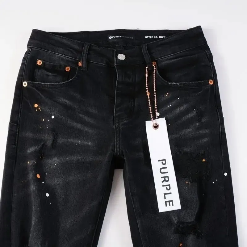 Purple New Men's Knee Ripped Straight Jeans American High Street Inkjet Black Stretch MEN JEANS