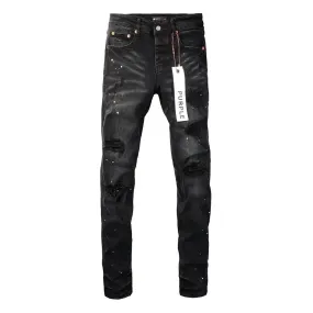 Purple New Men's Knee Ripped Straight Jeans American High Street Inkjet Black Stretch MEN JEANS