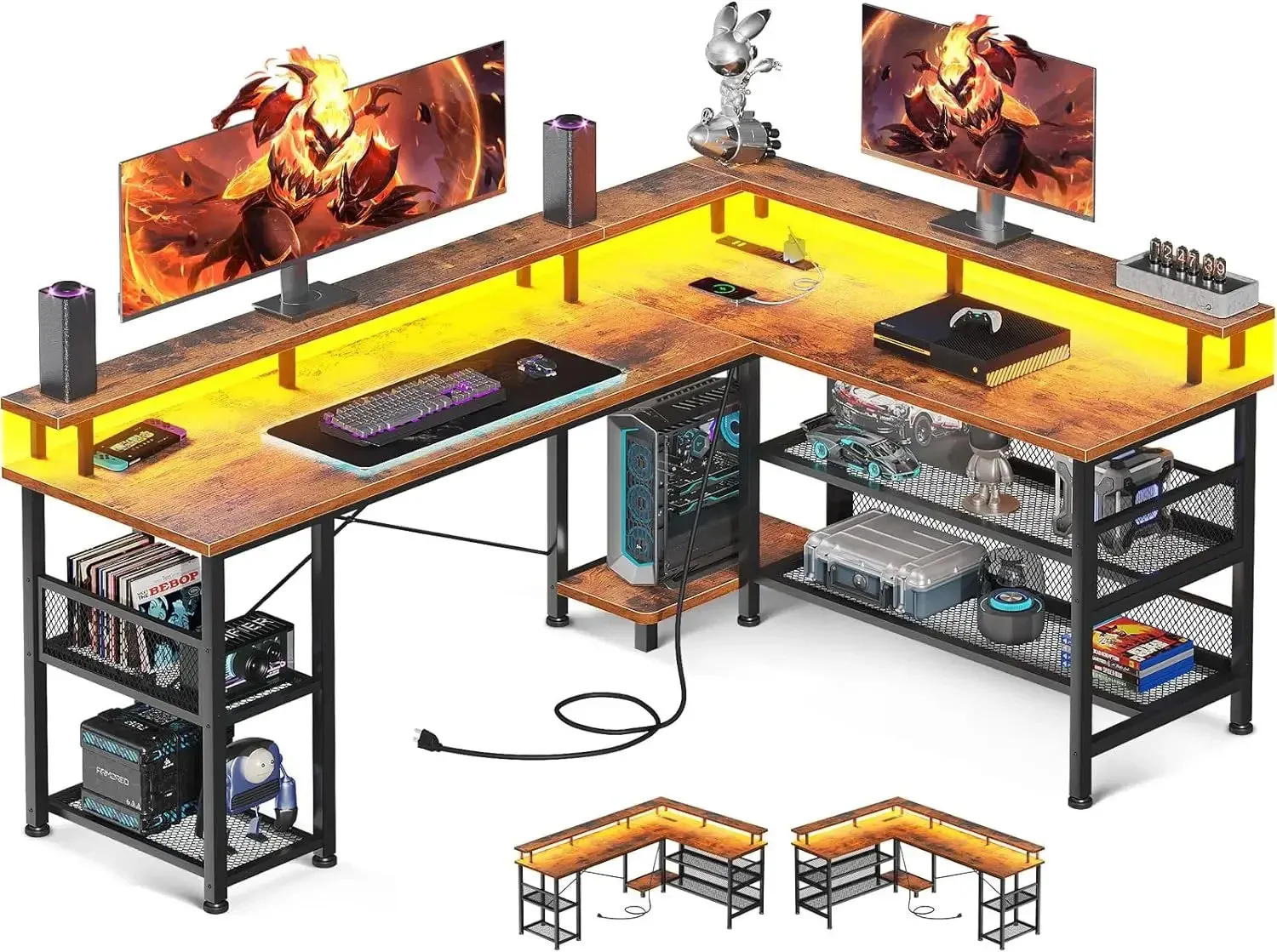 Shaped Gaming Desk with Power Outlet and LED Lights, PC Gaming Table with USB Ports, Reversible L Shape Desk
