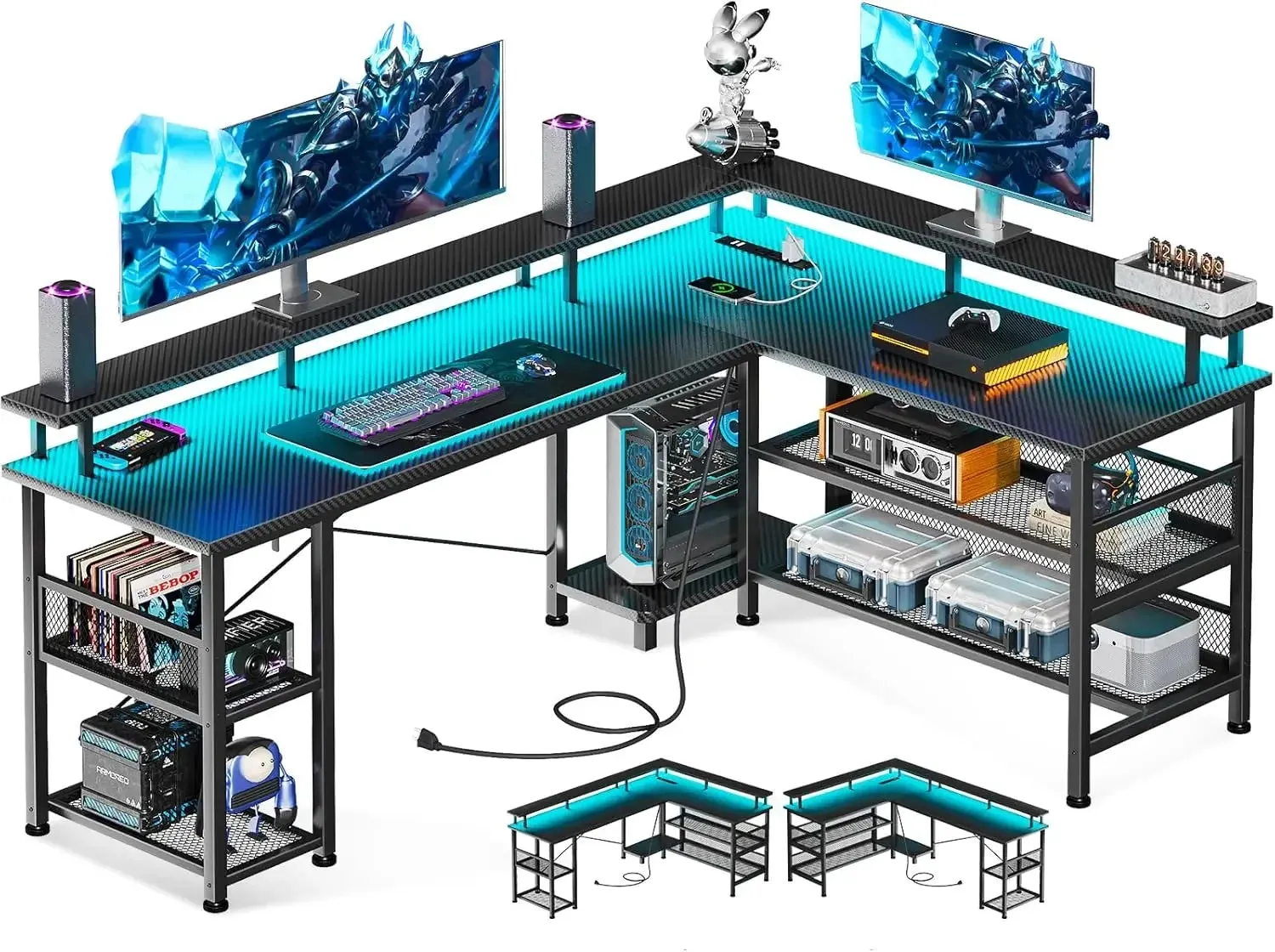 Shaped Gaming Desk with Power Outlet and LED Lights, PC Gaming Table with USB Ports, Reversible L Shape Desk