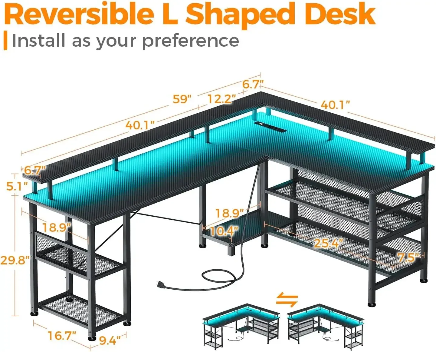 Shaped Gaming Desk with Power Outlet and LED Lights, PC Gaming Table with USB Ports, Reversible L Shape Desk