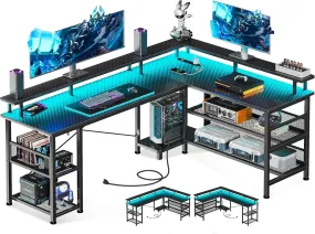 Shaped Gaming Desk with Power Outlet and LED Lights, PC Gaming Table with USB Ports, Reversible L Shape Desk