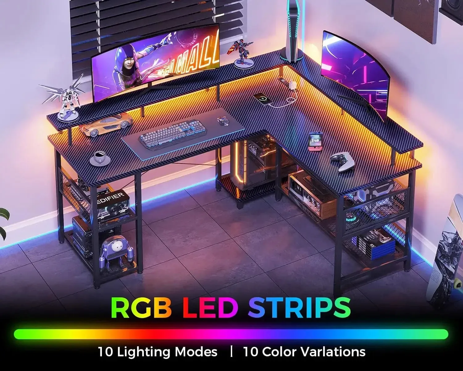 Shaped Gaming Desk with Power Outlet and LED Lights, PC Gaming Table with USB Ports, Reversible L Shape Desk