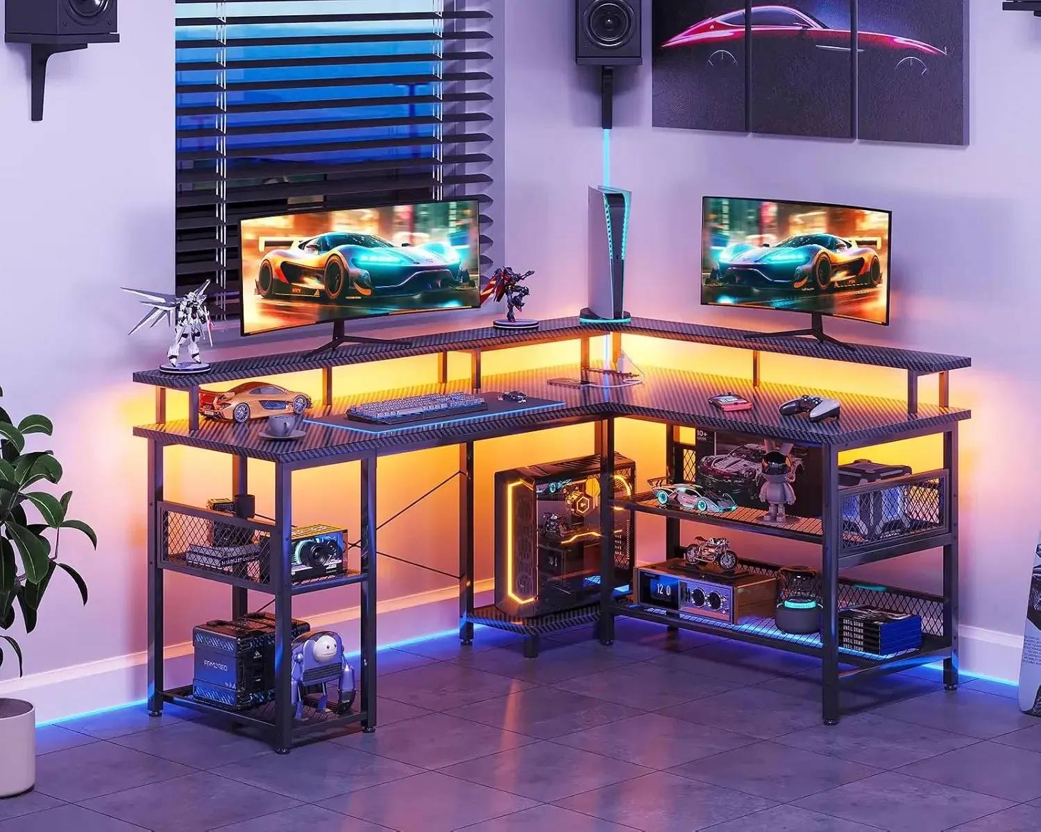 Shaped Gaming Desk with Power Outlet and LED Lights, PC Gaming Table with USB Ports, Reversible L Shape Desk