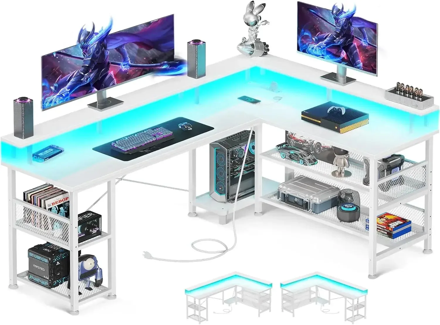 Shaped Gaming Desk with Power Outlet and LED Lights, PC Gaming Table with USB Ports, Reversible L Shape Desk