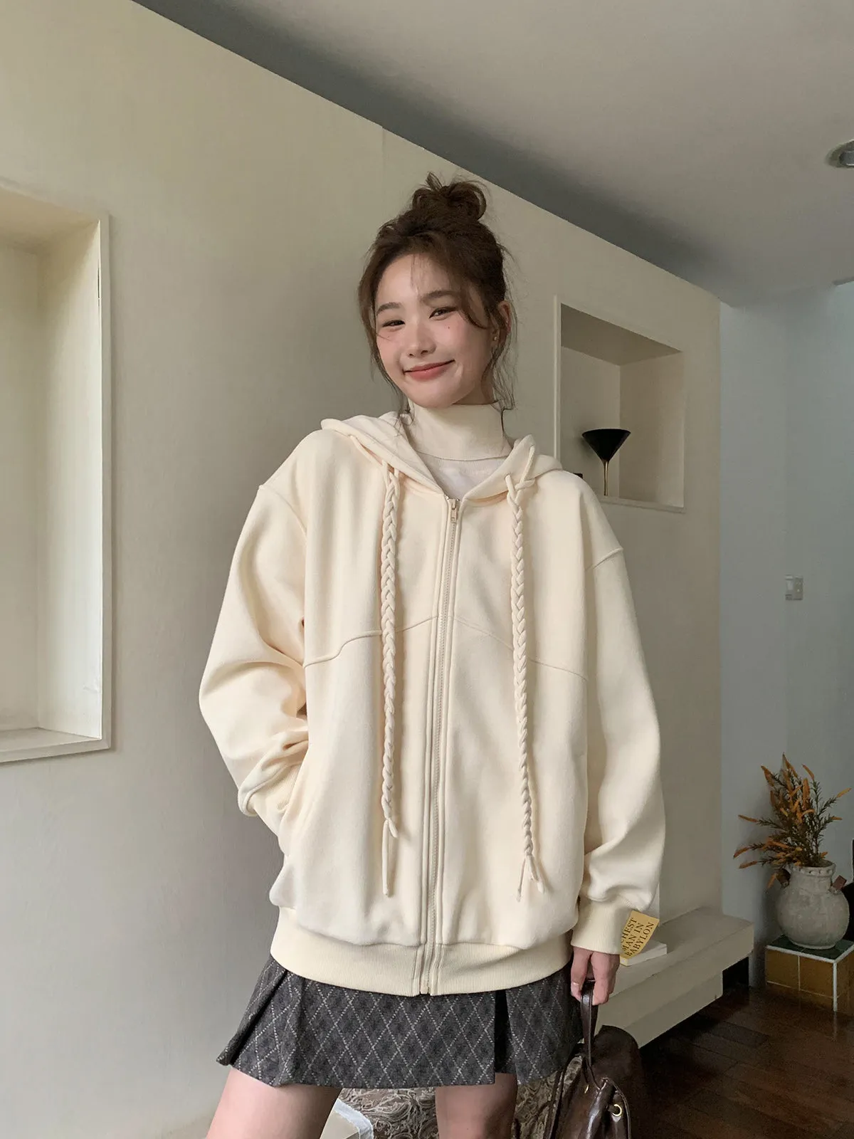 Twist & Turn Loose Zipper Braided Fleece Hooded Jackets