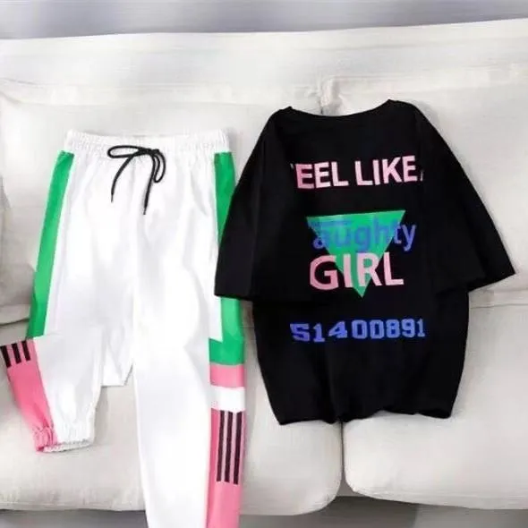 Two Piece Set Women Fashion Sport casual suit Flower Letter Print Top Print Elastic Waist Long Pants Summer Tracksuit Female T15