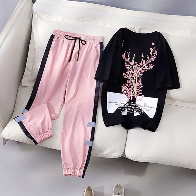 Two Piece Set Women Fashion Sport casual suit Flower Letter Print Top Print Elastic Waist Long Pants Summer Tracksuit Female T15