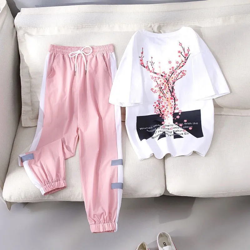 Two Piece Set Women Fashion Sport casual suit Flower Letter Print Top Print Elastic Waist Long Pants Summer Tracksuit Female T15
