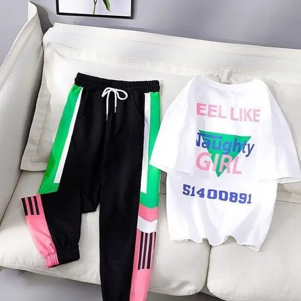 Two Piece Set Women Fashion Sport casual suit Flower Letter Print Top Print Elastic Waist Long Pants Summer Tracksuit Female T15
