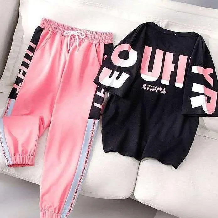Two Piece Set Women Fashion Sport casual suit Flower Letter Print Top Print Elastic Waist Long Pants Summer Tracksuit Female T15