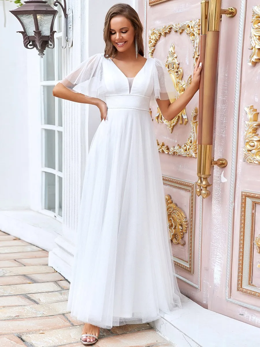 Wholesale Long Deep V Neck Maxi A-Line Tulle Evening Dress