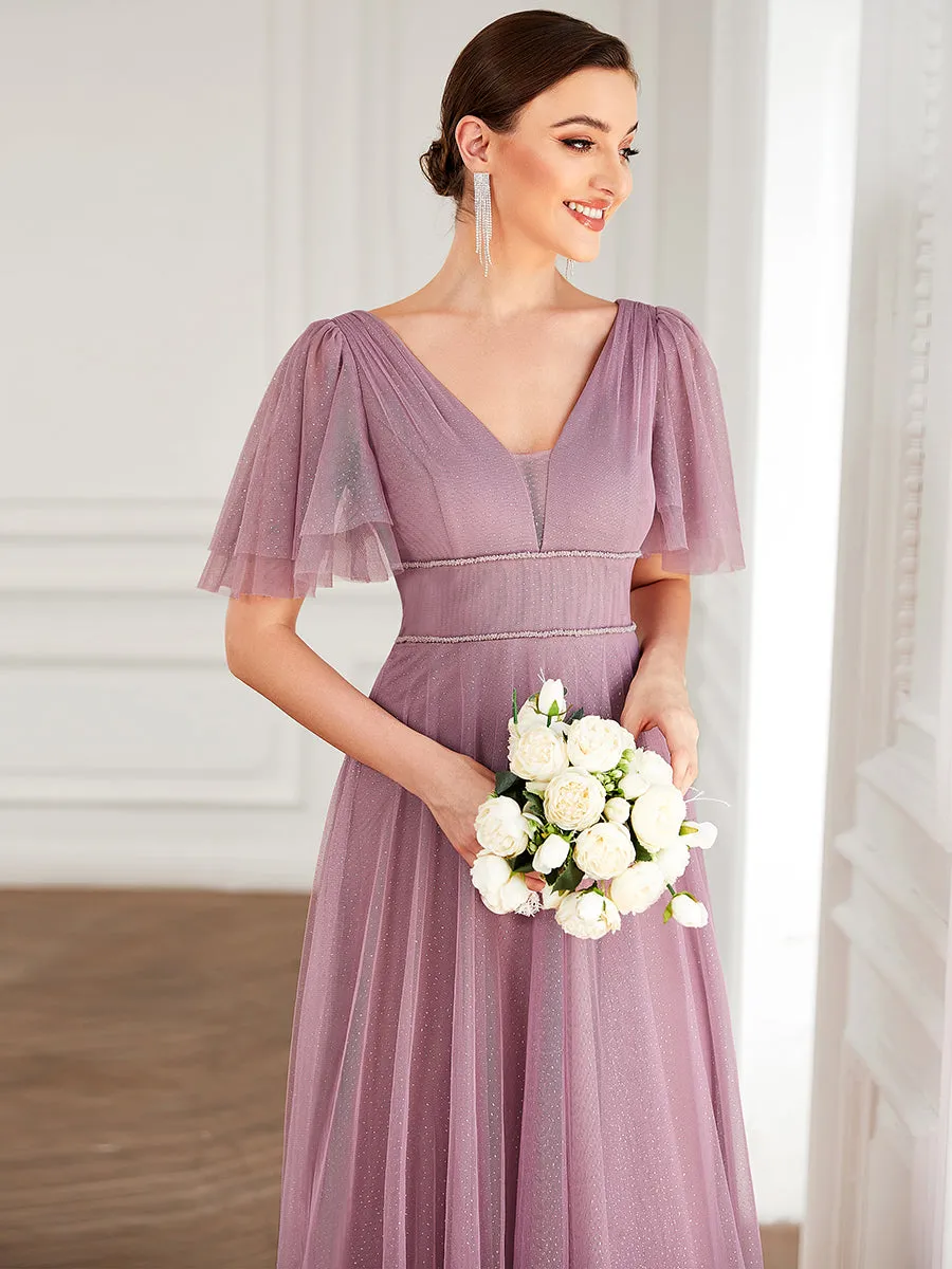 Wholesale Long Deep V Neck Maxi A-Line Tulle Evening Dress