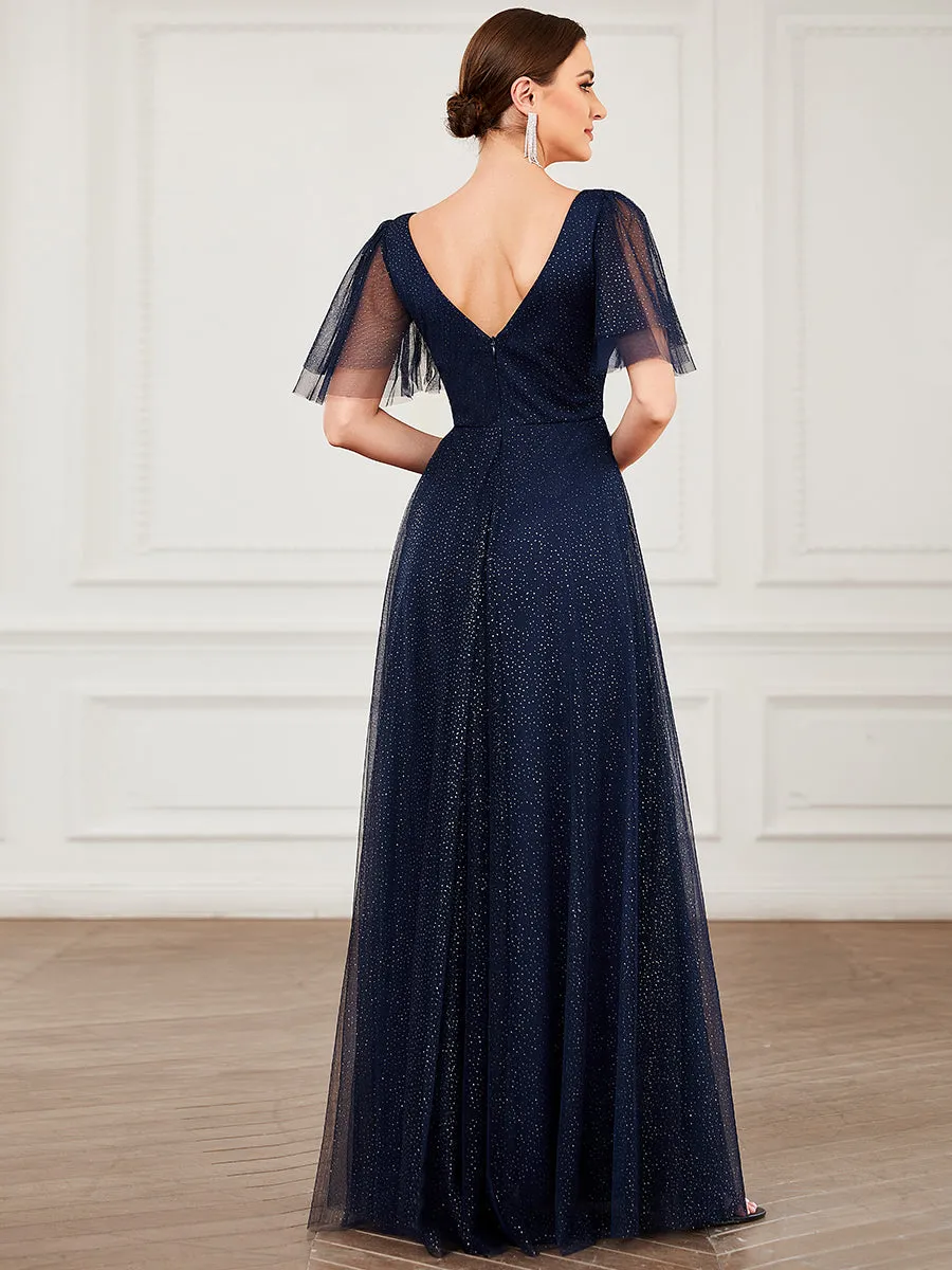 Wholesale Long Deep V Neck Maxi A-Line Tulle Evening Dress