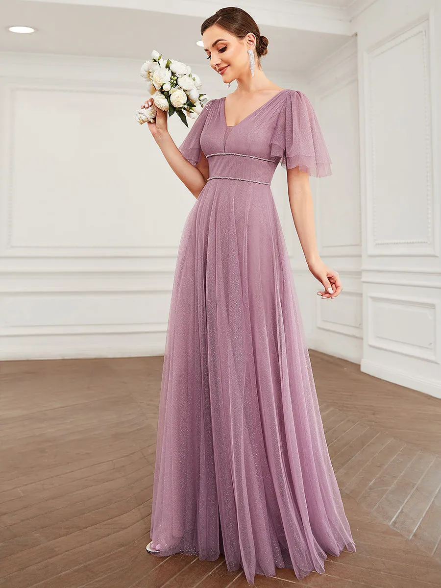 Wholesale Long Deep V Neck Maxi A-Line Tulle Evening Dress