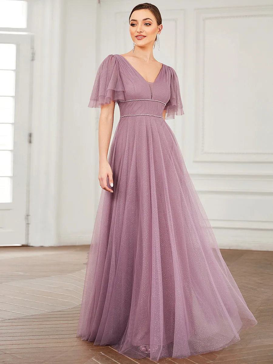 Wholesale Long Deep V Neck Maxi A-Line Tulle Evening Dress