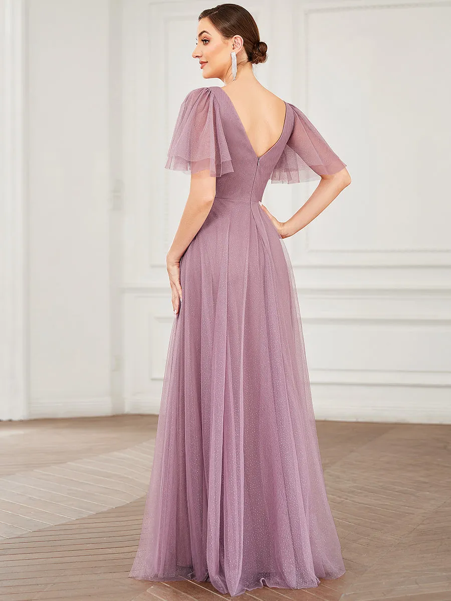 Wholesale Long Deep V Neck Maxi A-Line Tulle Evening Dress