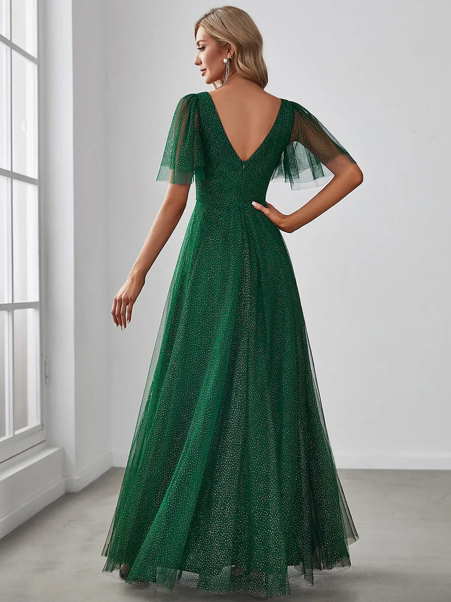 Wholesale Long Deep V Neck Maxi A-Line Tulle Evening Dress