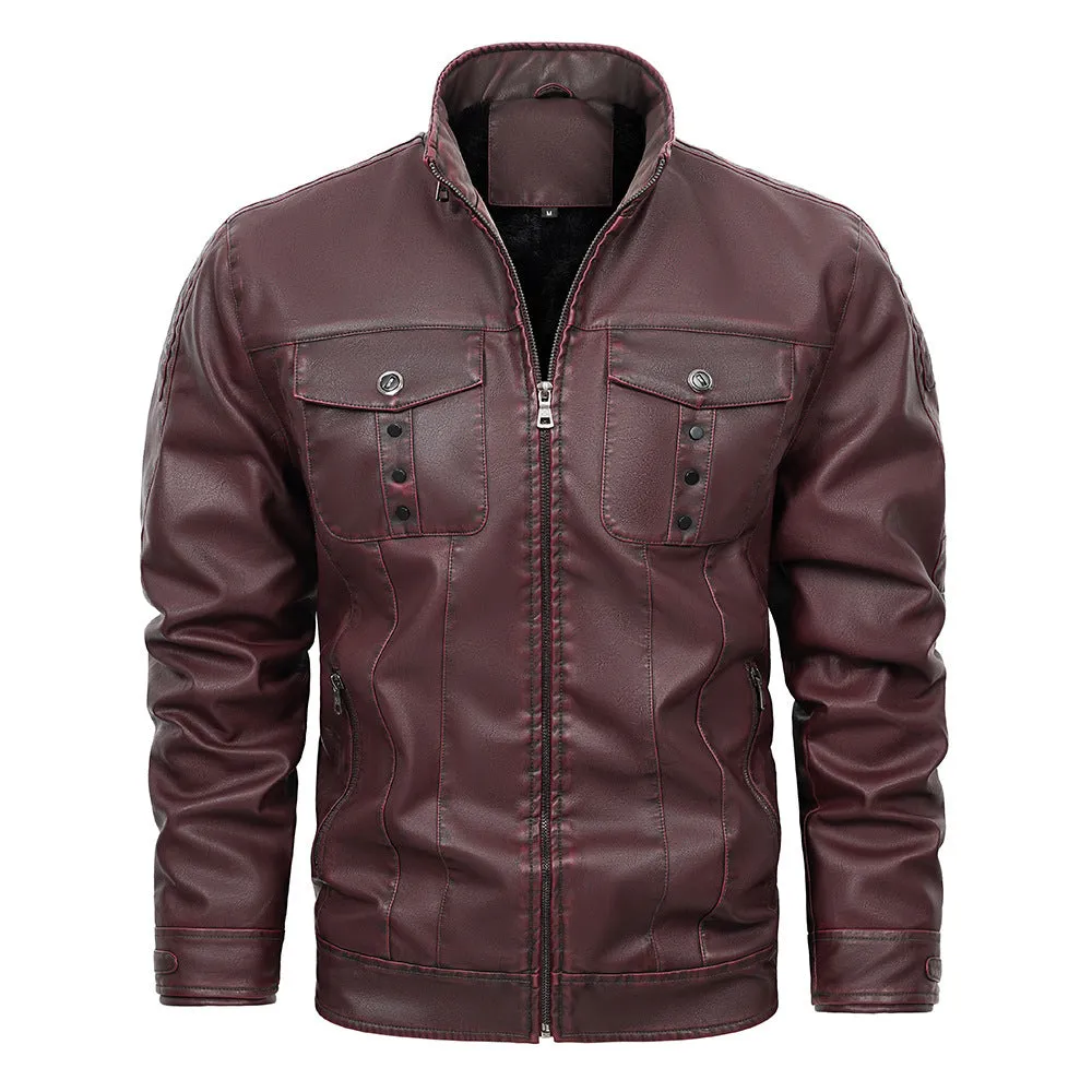 Wine Red Male PU Leather Jacket