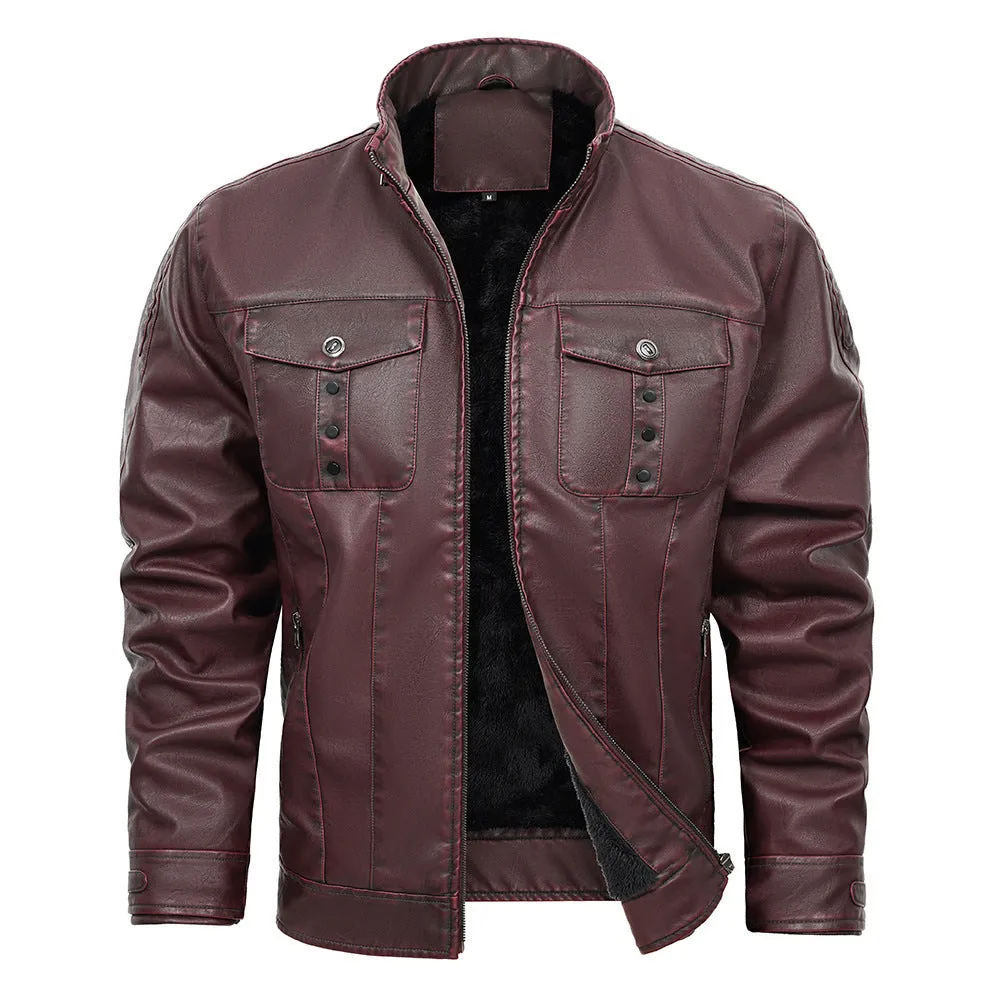 Wine Red Male PU Leather Jacket