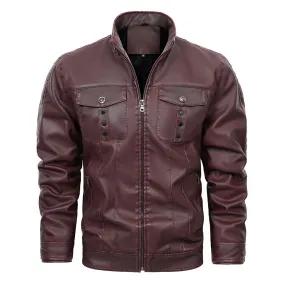 Wine Red Male PU Leather Jacket