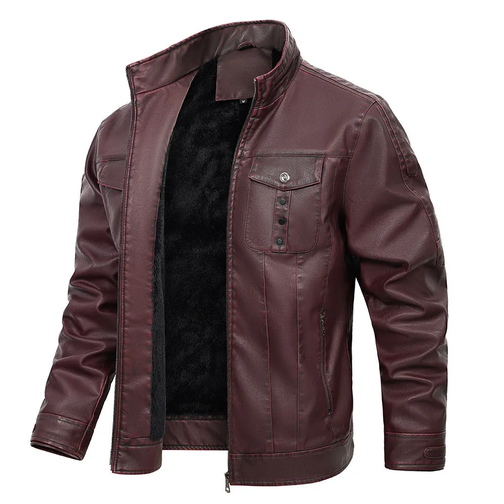 Wine Red Male PU Leather Jacket