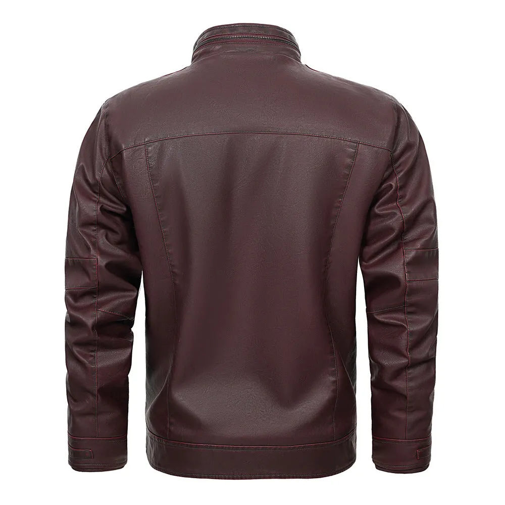 Wine Red Male PU Leather Jacket