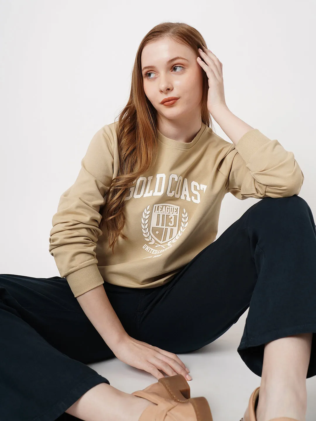 Women Printed Slim Fit BEIGE Sweatshirts