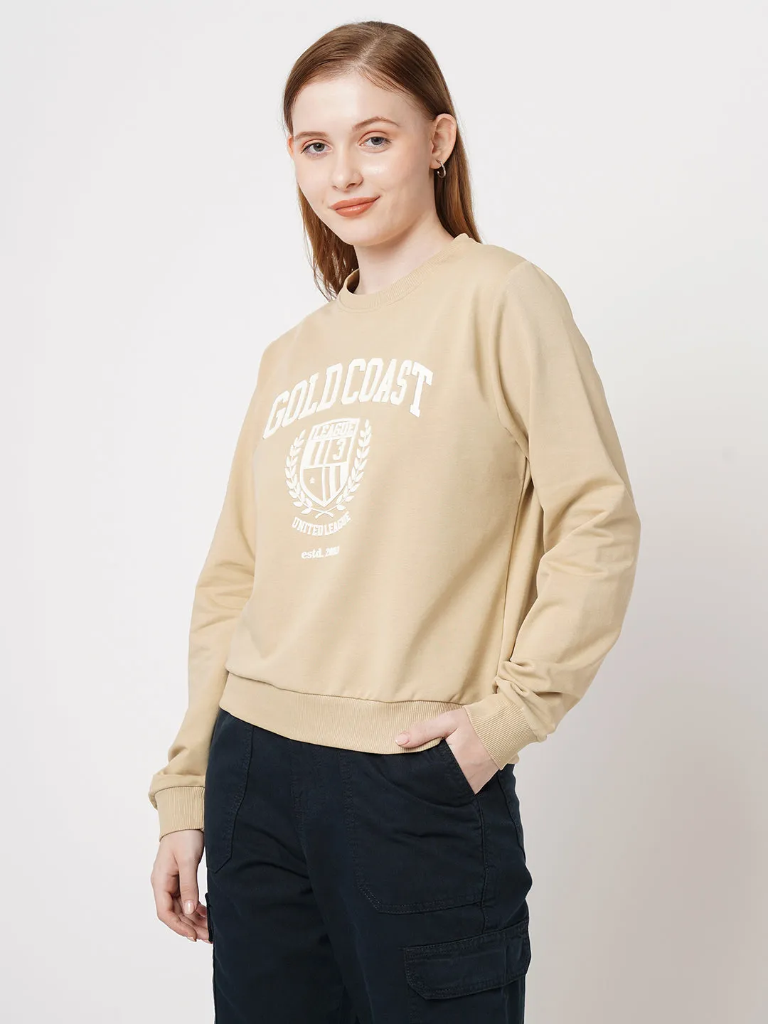 Women Printed Slim Fit BEIGE Sweatshirts