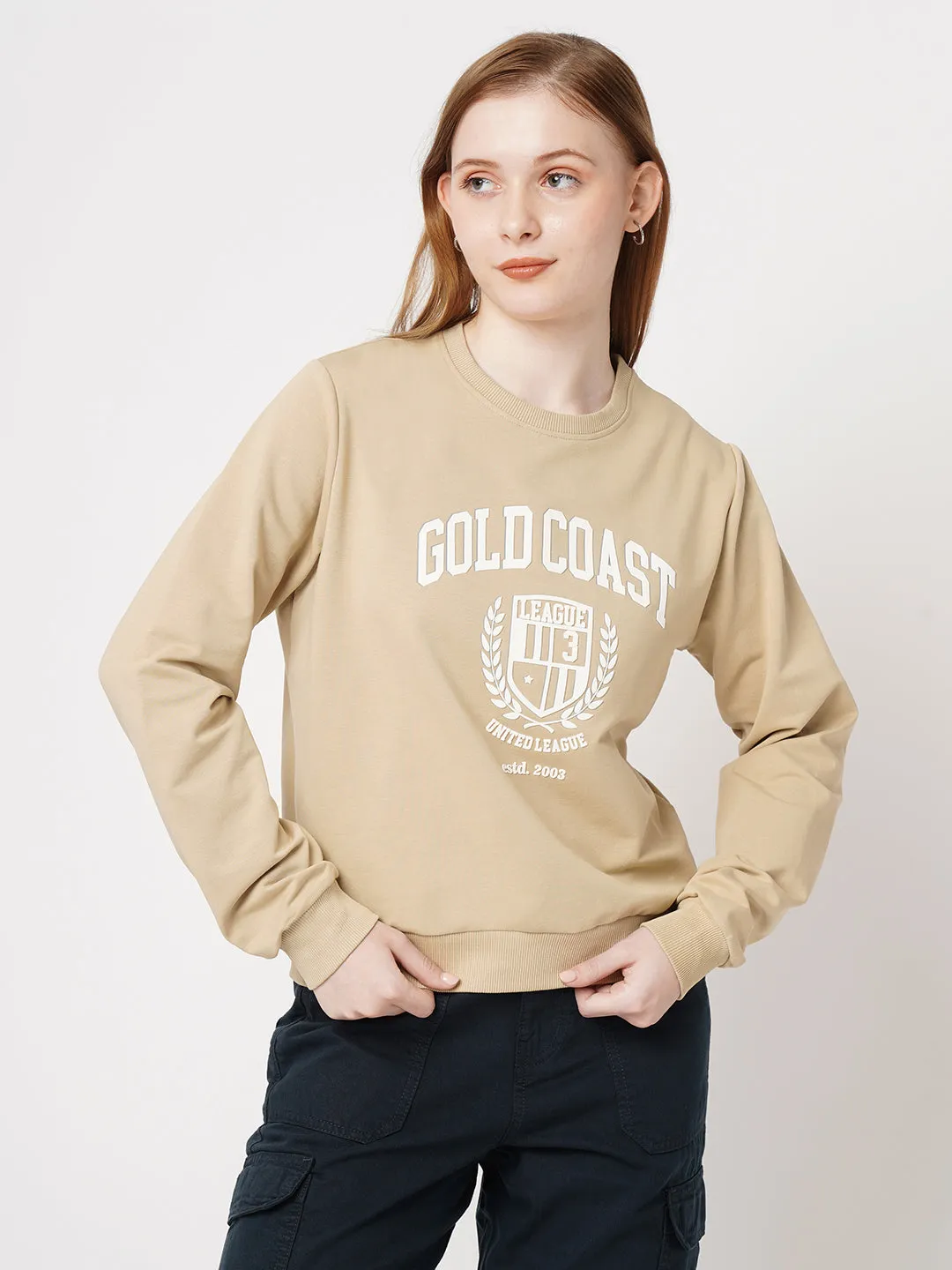 Women Printed Slim Fit BEIGE Sweatshirts