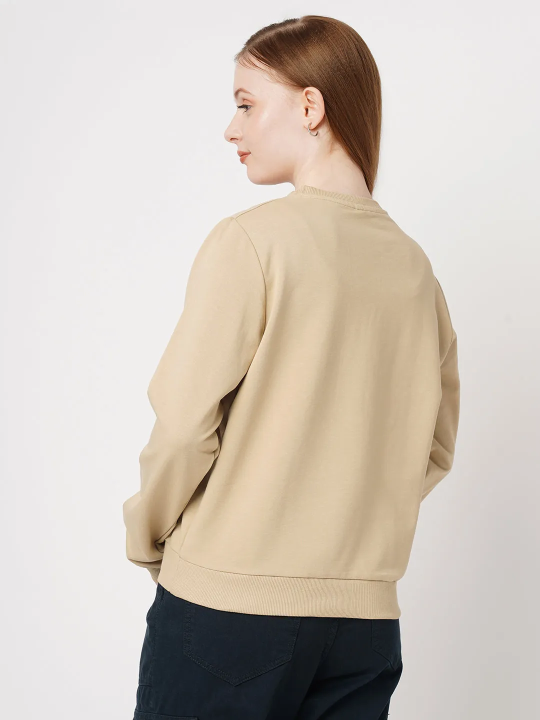 Women Printed Slim Fit BEIGE Sweatshirts