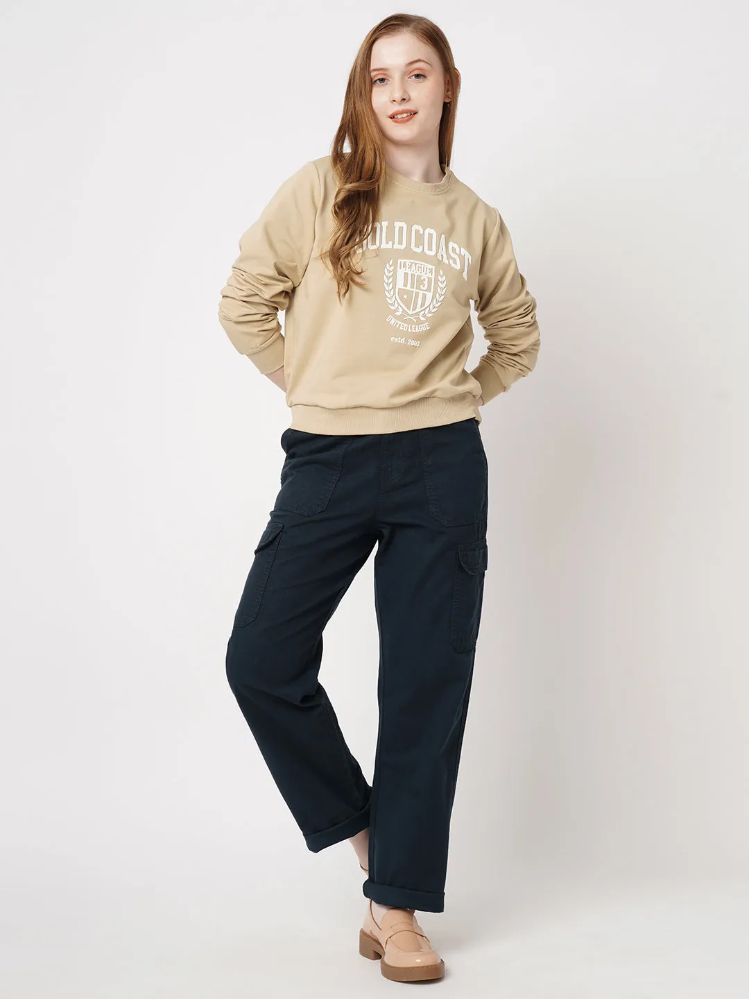 Women Printed Slim Fit BEIGE Sweatshirts