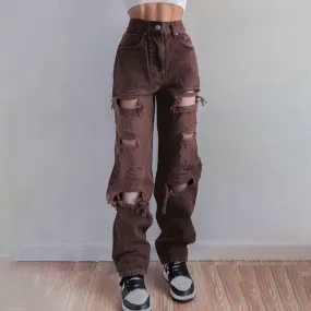 Womens Brown Ripped Distressed Jeans/High Waist Loose Jeans