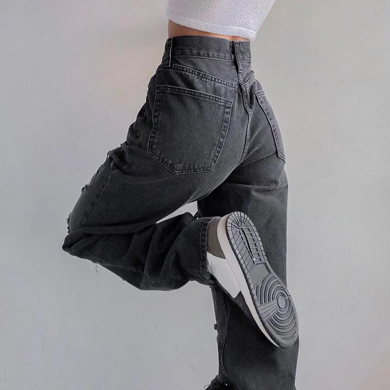 Womens Brown Ripped Distressed Jeans/High Waist Loose Jeans