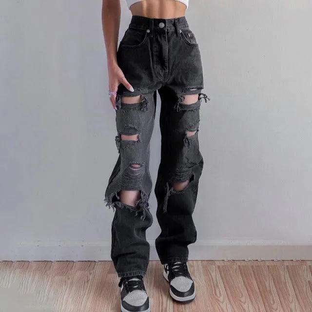 Womens Brown Ripped Distressed Jeans/High Waist Loose Jeans